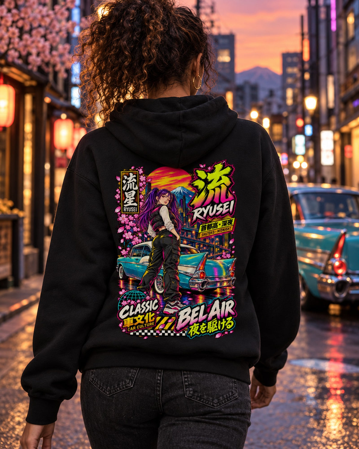RYUSEI BEL AIR Anime Girl Full-Back Graphic Tee Pull Over Hoodie Black worn hero
