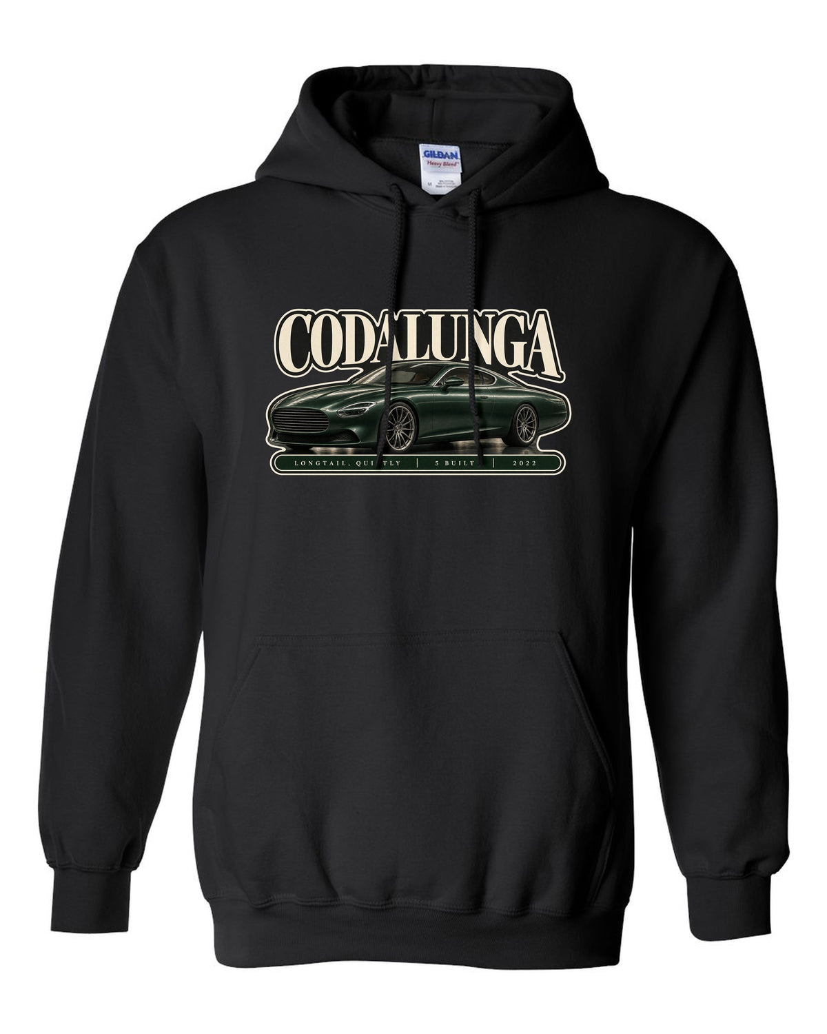 Editorial headline print of the Pagani Huayra Codalunga with the text Codalunga, longtail, quietly, 5 built, 2022 black pull over hoodie front view with the design
