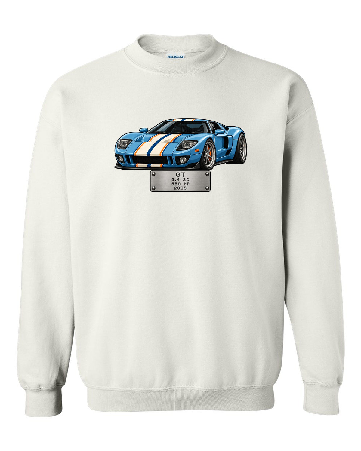 Spec-sheet data plate print for the 2005 Ford GT showing 5.4 SC, 550 HP white crewneck front view with the design
