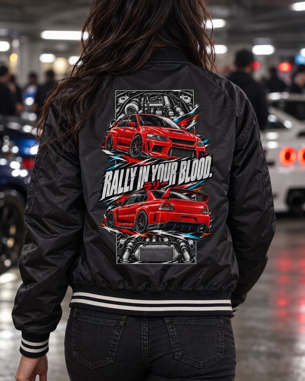 Mitsubishi Evo Ix Torn Poster Full-Back Graphic Tee Bomber Jacket Black worn hero