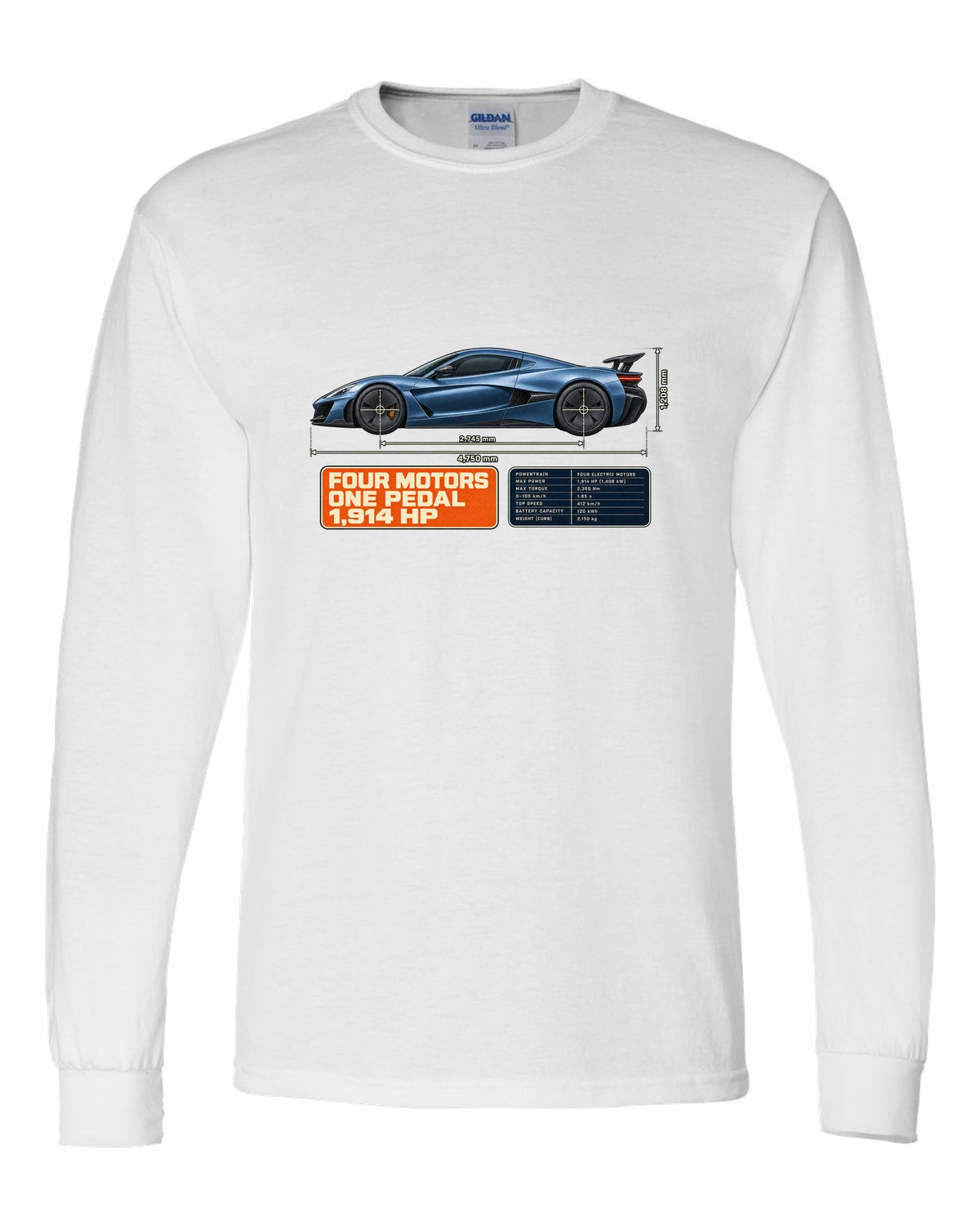 Rimac Nevera 2021 dimension blueprint print with four motors one pedal 1,914 hp text white long sleeve front view with the design