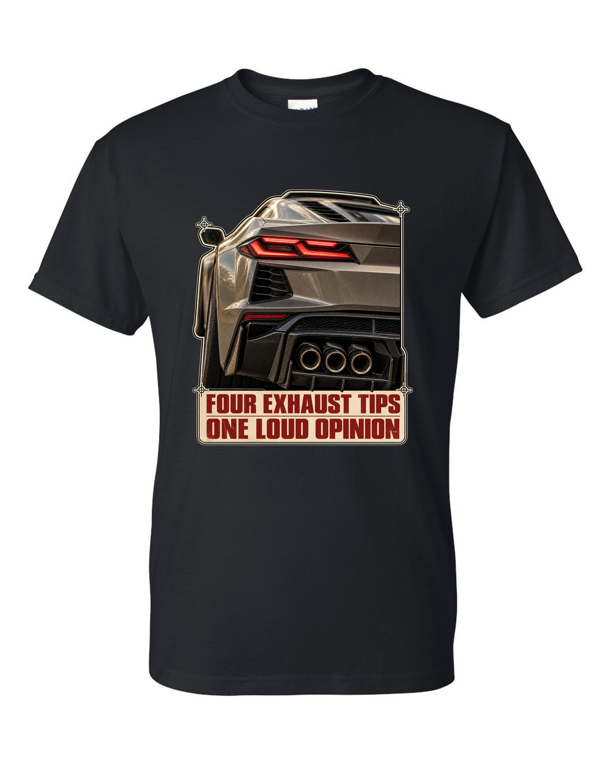 Taillight macro print of a Chevrolet Corvette C8 Z06 with four exhaust tips black t-shirt front view with the design