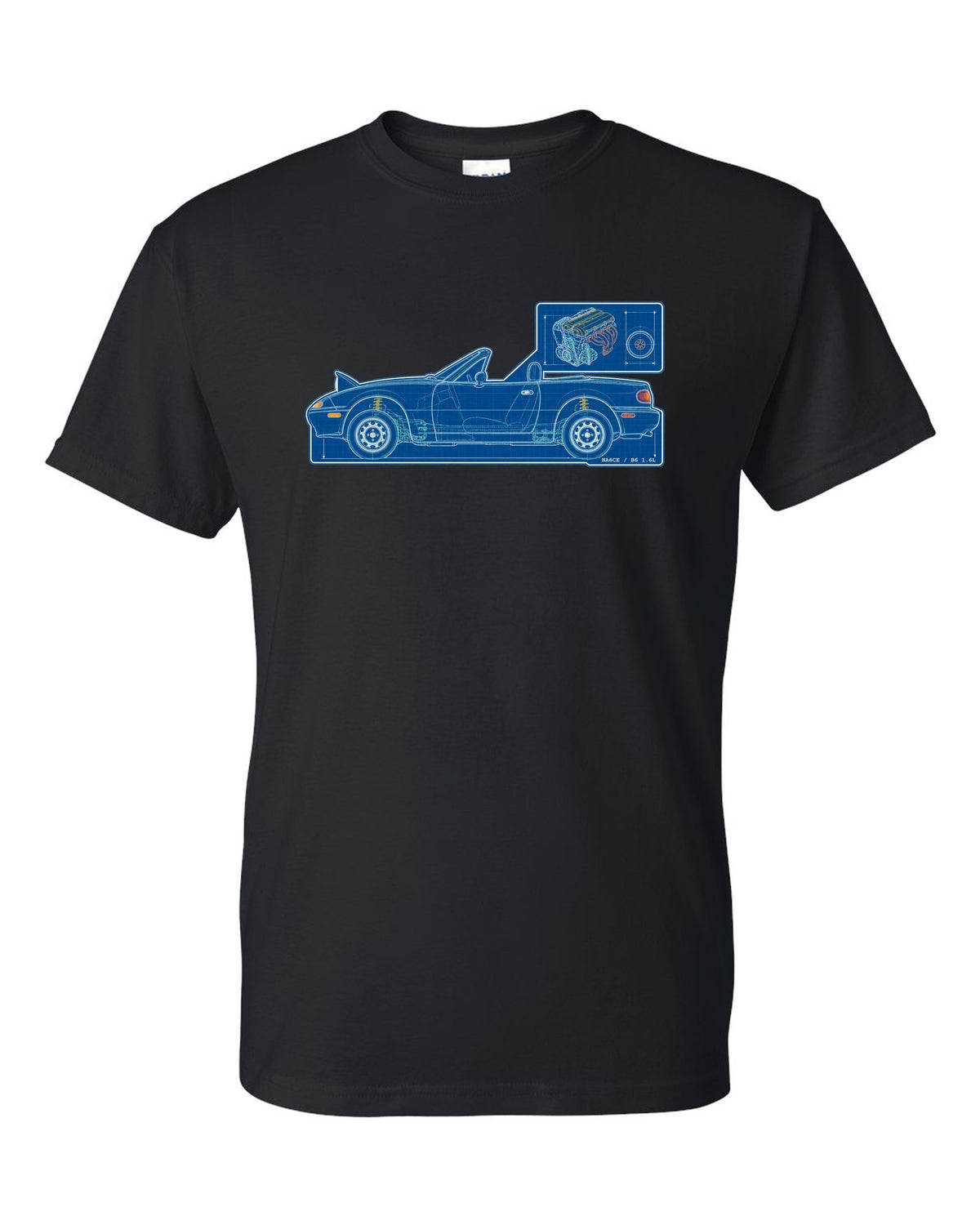 Sticker-bomb collage of a Mazda MX-5 NC rear with MZR 2.0 167 HP text black t-shirt front view with the design