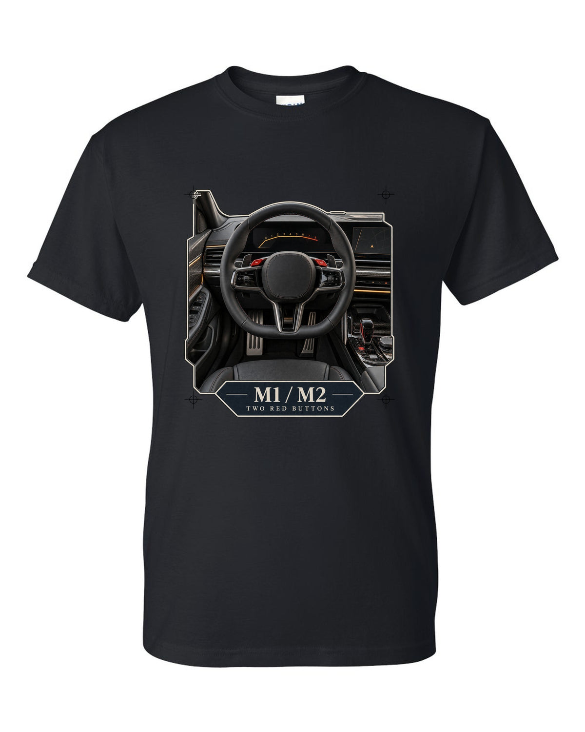 BMW M5 G90 cockpit and gauge cluster print on a tee black t-shirt front view with the design