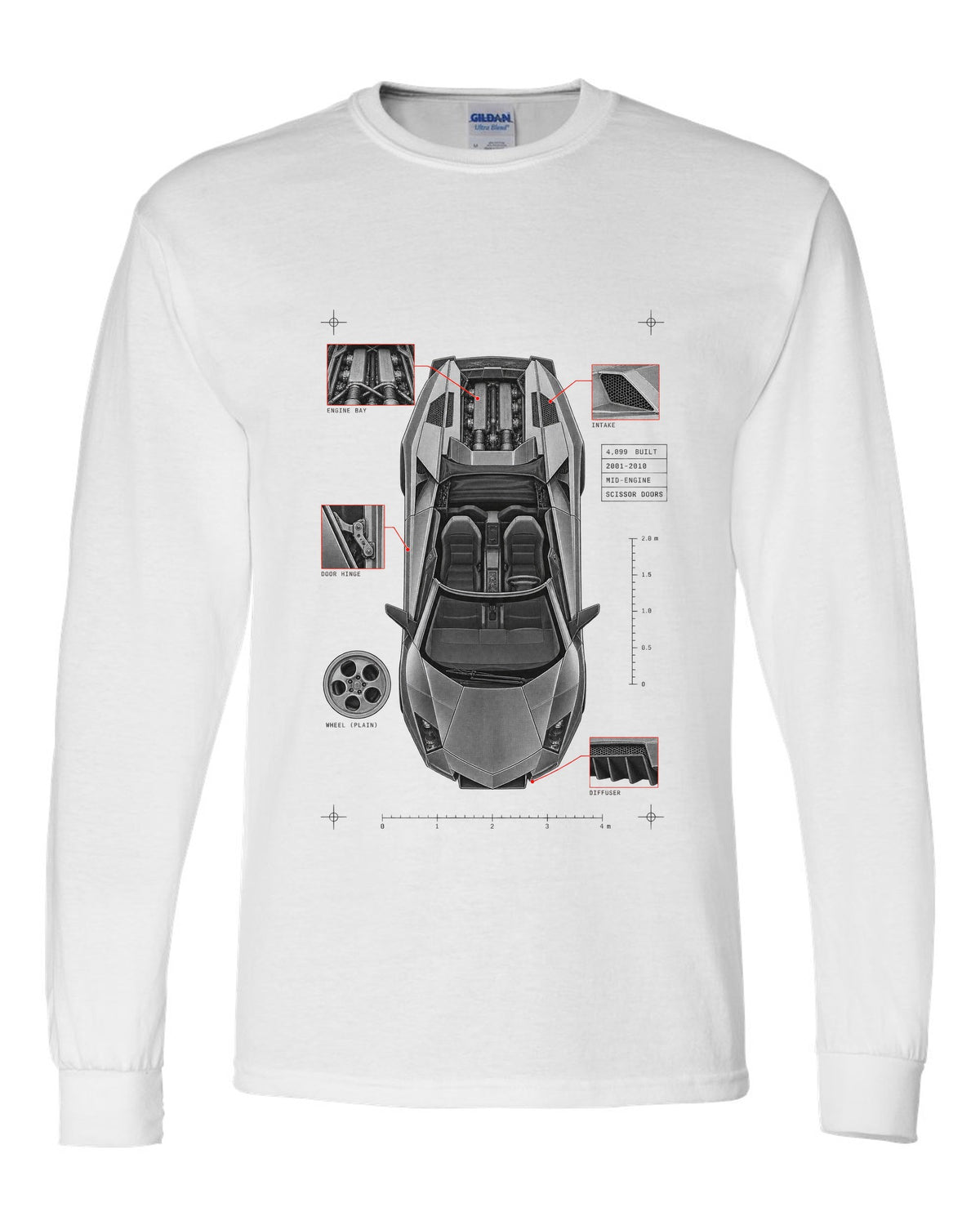 Spec poster print of a Lamborghini Murcielago LP640 Roadster with 4,099 built and scissor doors white long sleeve front view with the design