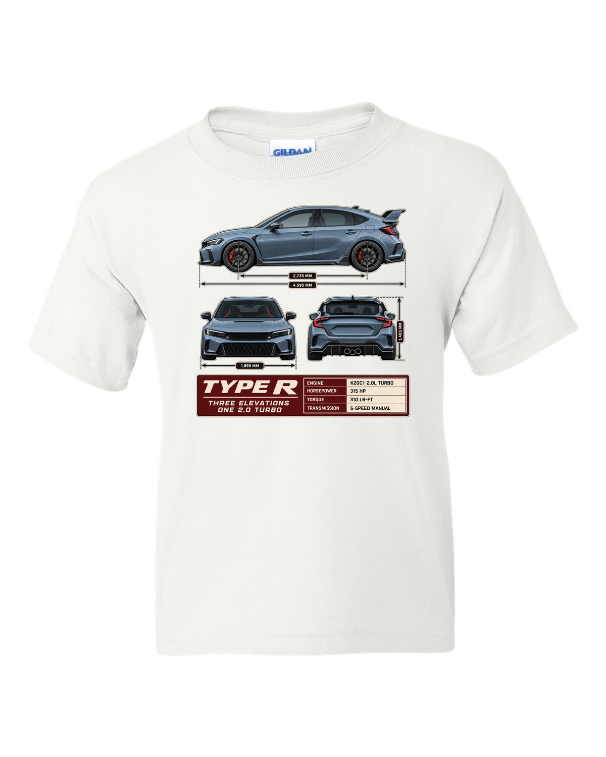 Civic Type R FL5 Three-View Spec Sheet Tee for Car Guys white kids tee front view with the design