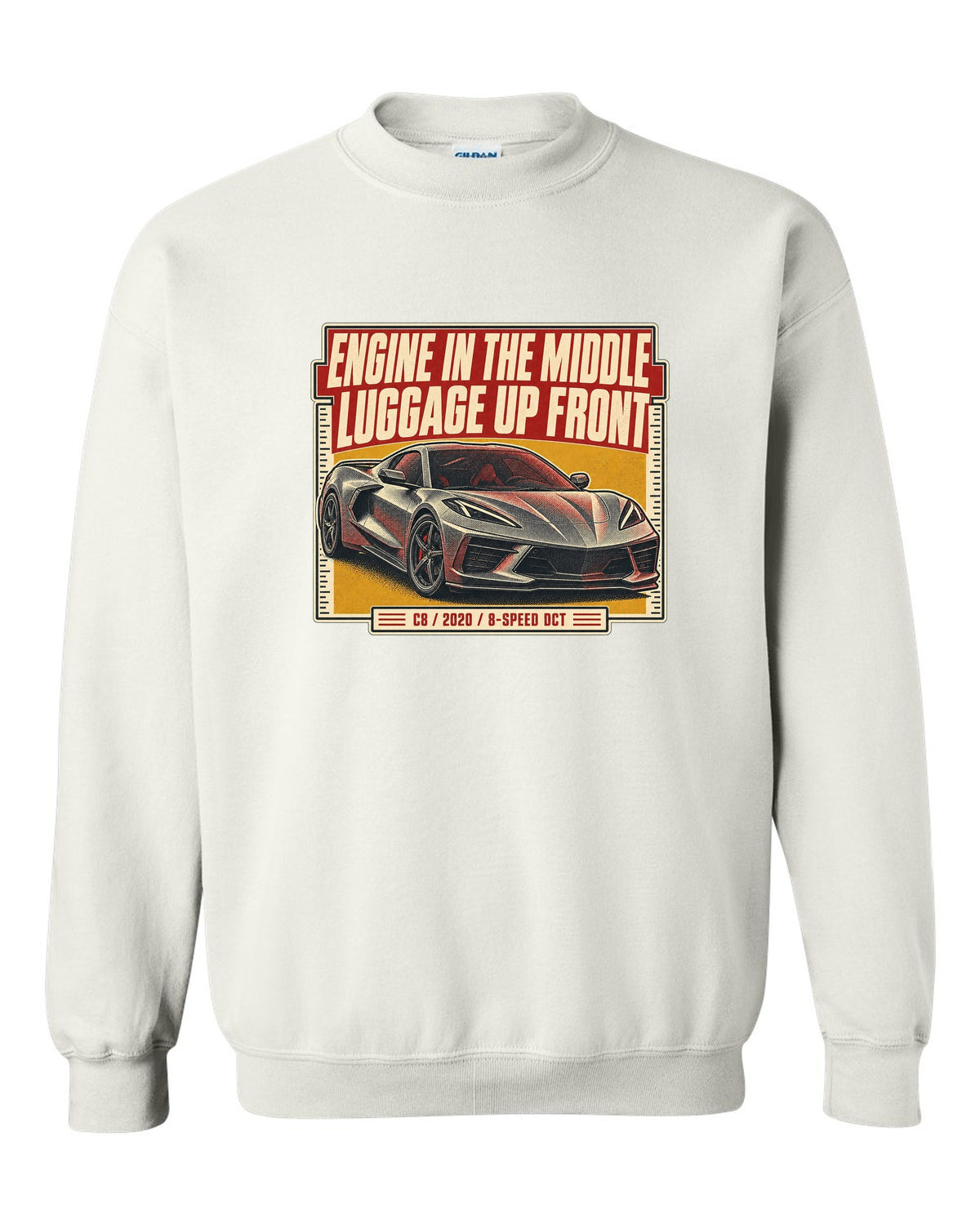 Halftone print of a Chevrolet Corvette C8 Stingray with engine in the middle text white crewneck front view with the design