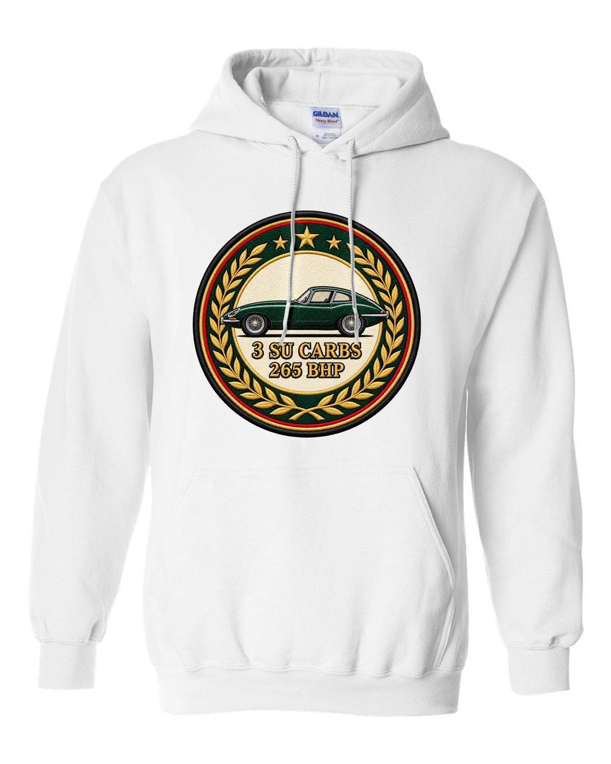 Varsity embroidery-style long bonnet print for the 1961 Jaguar E-Type Series 1 with 3 SU carbs and 265 bhp lettering white pull over hoodie front view with the design
