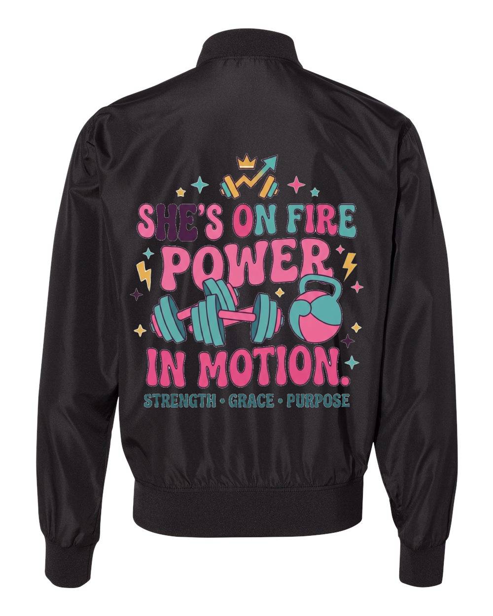 She's On Fire Power In Motion Bomber Jacket