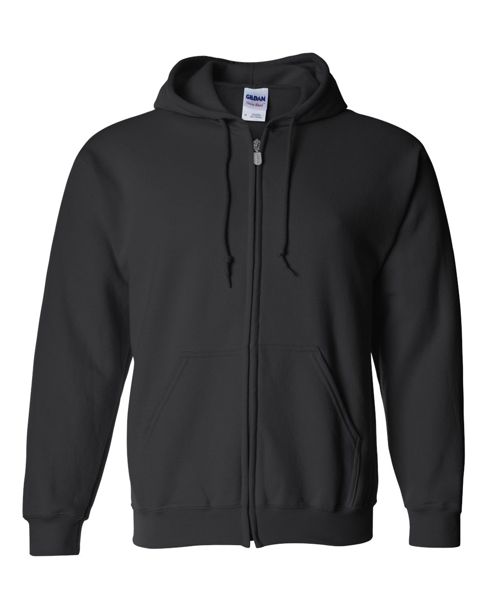 black zip hoodie front view, full zip