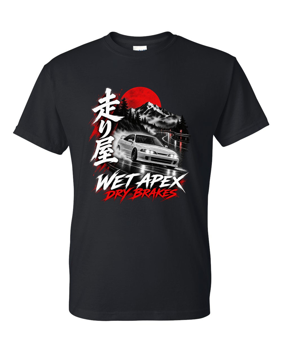 Honda Integra DC2 coupe touge night design with wet apex dry brakes text black t-shirt front view with the design