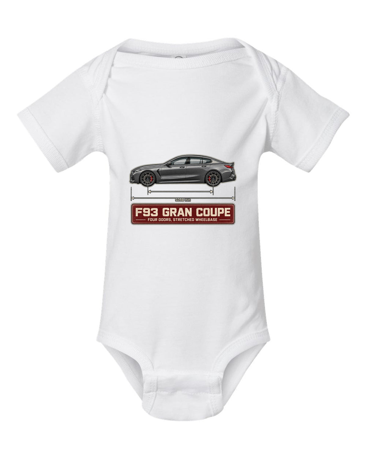 BMW M8 Competition Gran Coupe F93 blueprint print on a tee white baby onesie front view with the design