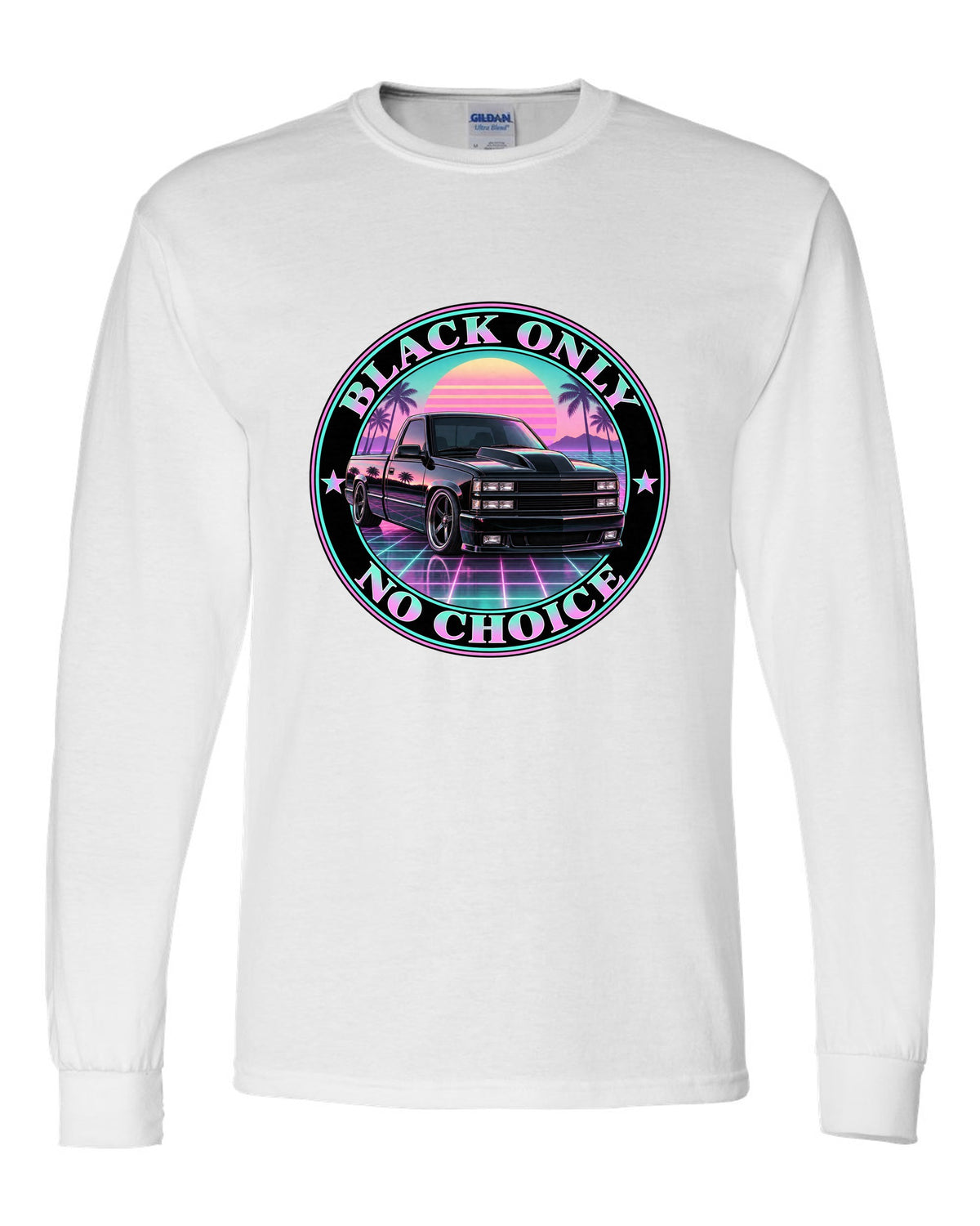 Pastel vaporwave print of a 1990-93 Chevrolet 454 SS pickup with black only no choice lettering white long sleeve front view with the design