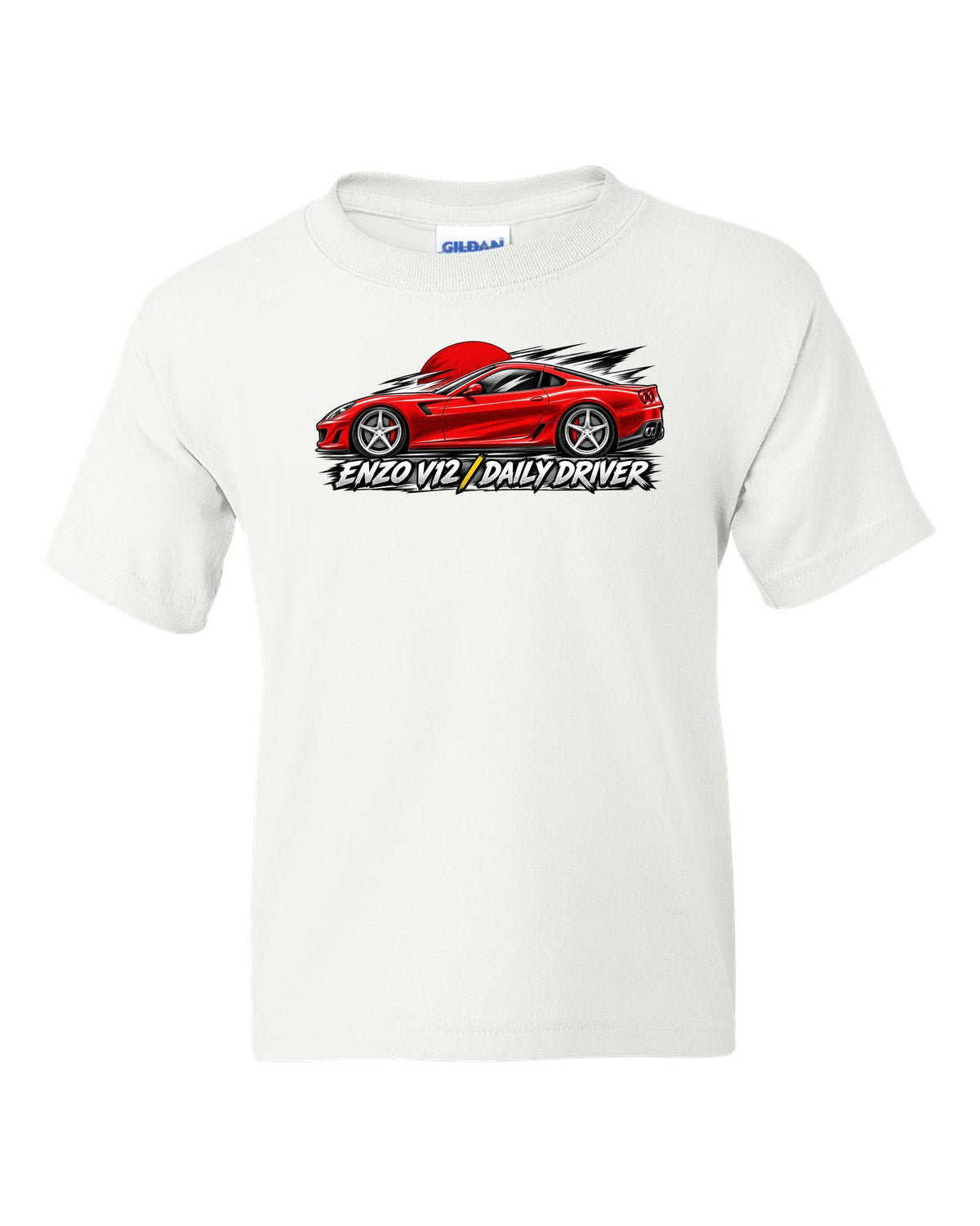 Retro manga halftone panel print of a Ferrari 599 GTB with Enzo V12 and Daily Driver lettering white kids tee front view with the design