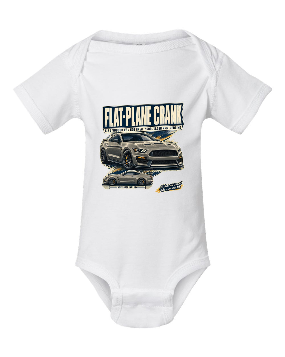 Ford Mustang S550 Shelby GT350 editorial headline print about the flat-plane crank V8 white baby onesie front view with the design
