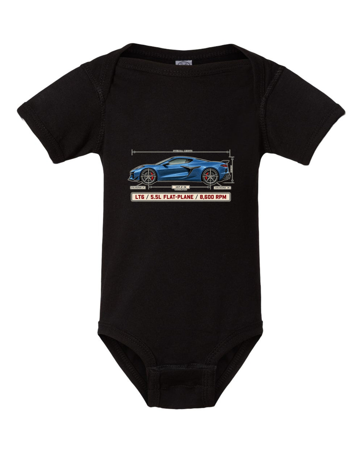 Dimension blueprint print of a Chevrolet Corvette C8 Z06 with LT6 5.5L flat-plane text black baby onesie front view with the design