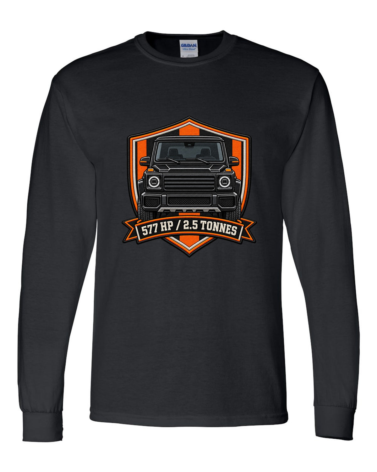 Ukiyo-e woodblock wave graphic with a boxy Mercedes G-Class W463, print black long sleeve front view with the design