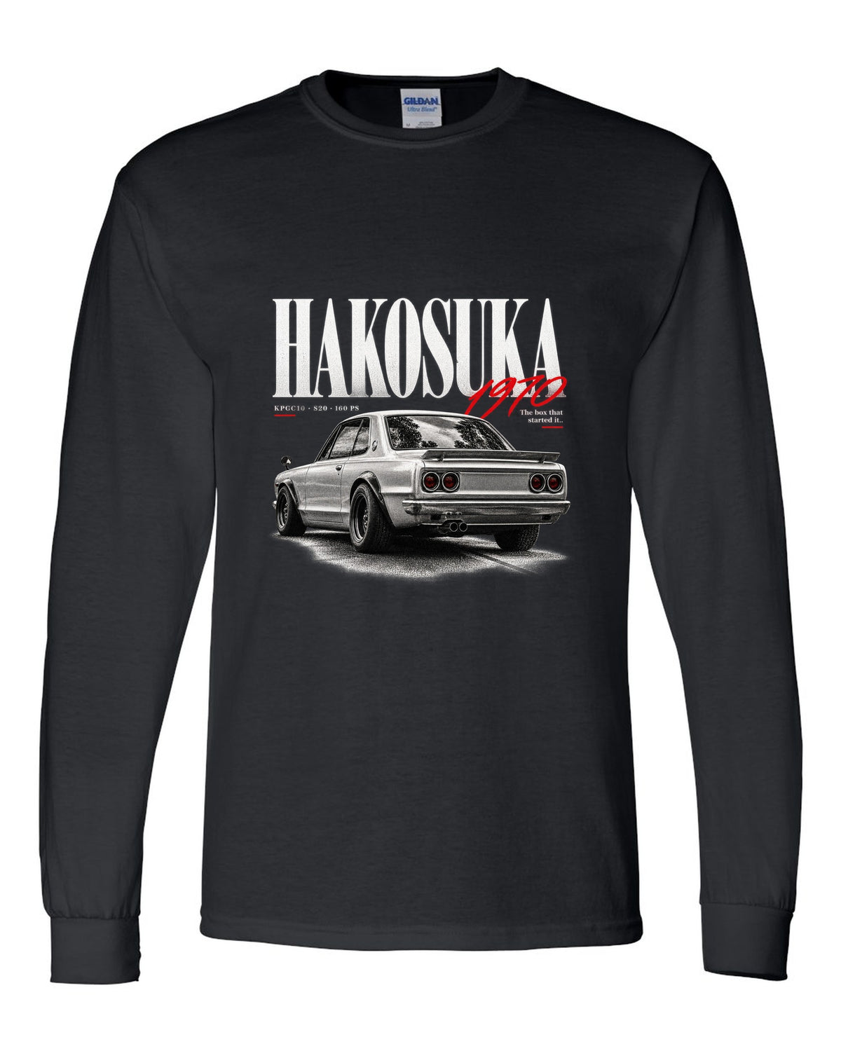 Editorial headline print of a Nissan Skyline 2000GT-R KPGC10 Hakosuka black long sleeve front view with the design