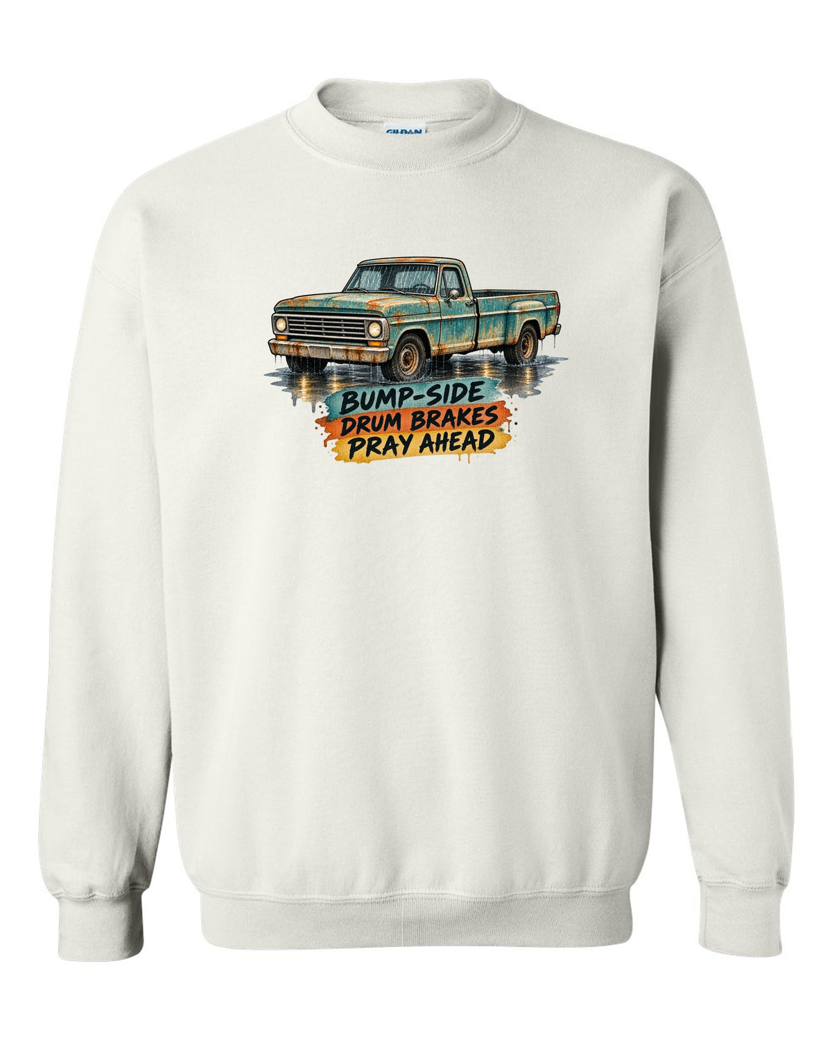 1967-72 Ford F-Series Bump-Side Barn Find Watercolour white crewneck front view with the design