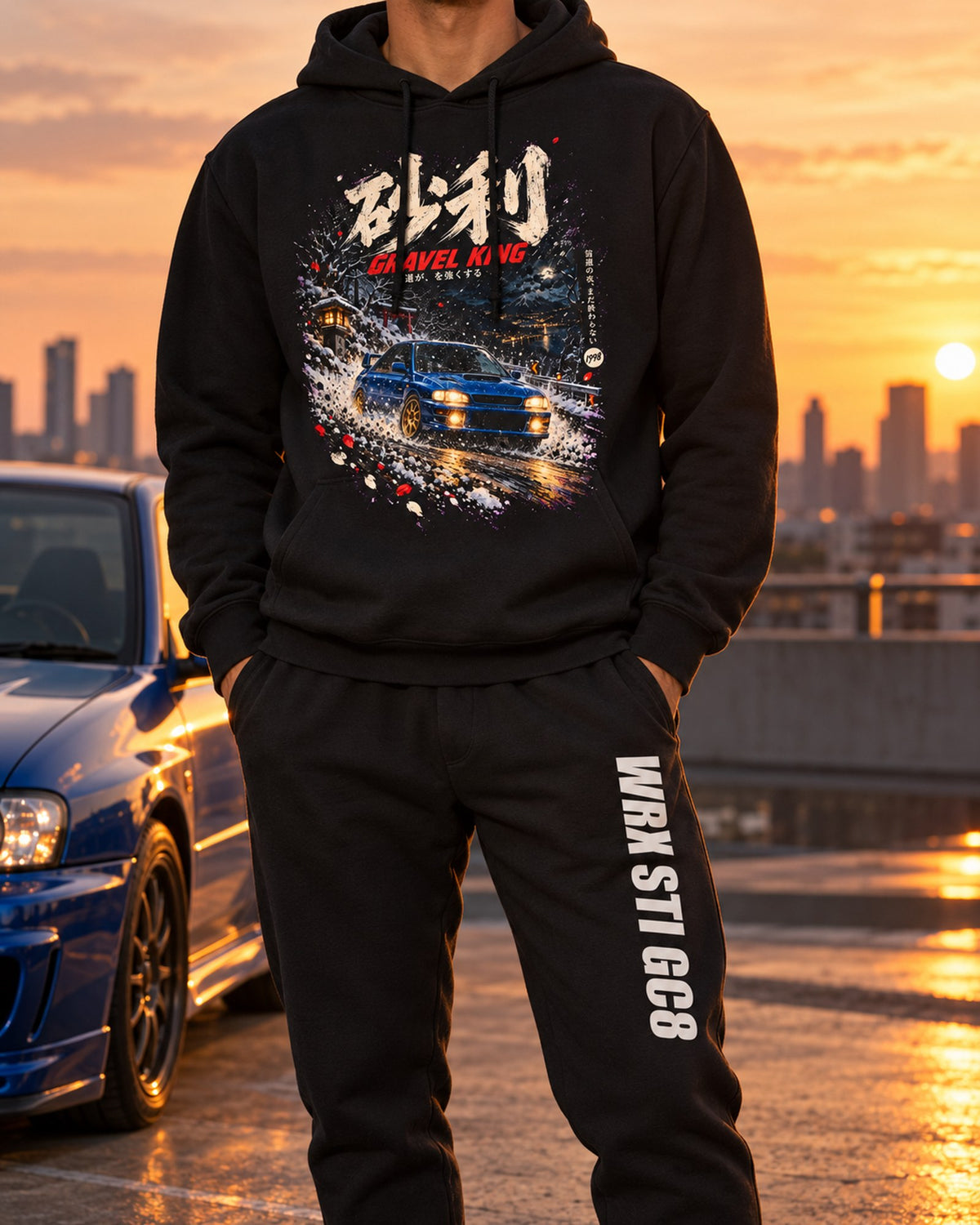 Subaru WRX STI GC8 Dream Car Hoodie + Jogger Set Black worn hero