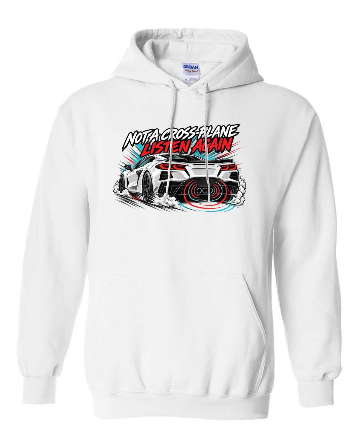 Badge crest design of a 2025 C8 Corvette ZR1 with large fender vents and rear wing white pull over hoodie front view with the design