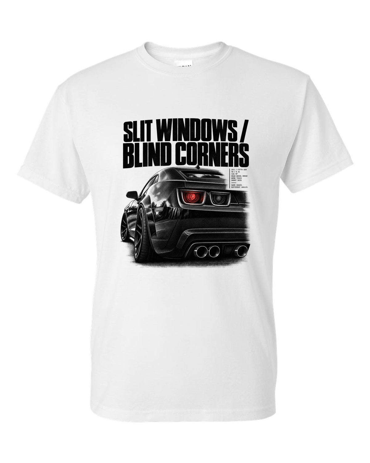 Rear three-quarter taillight print of a 2011 Chevrolet Camaro SS with slit windows text white t-shirt front view with the design