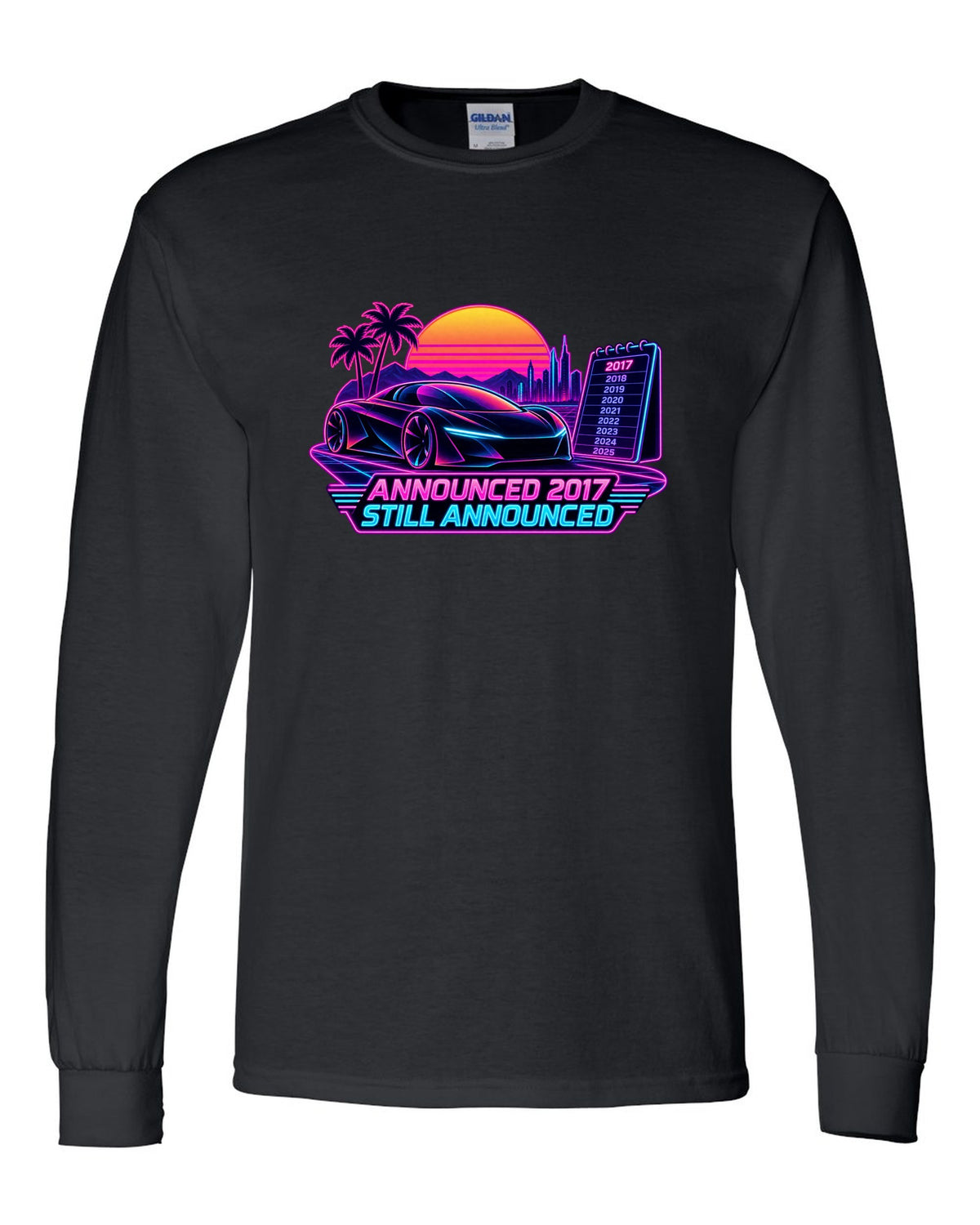 Neon synthwave print of a Tesla Roadster Gen 2 reading Announced 2017 Still Announced black long sleeve front view with the design