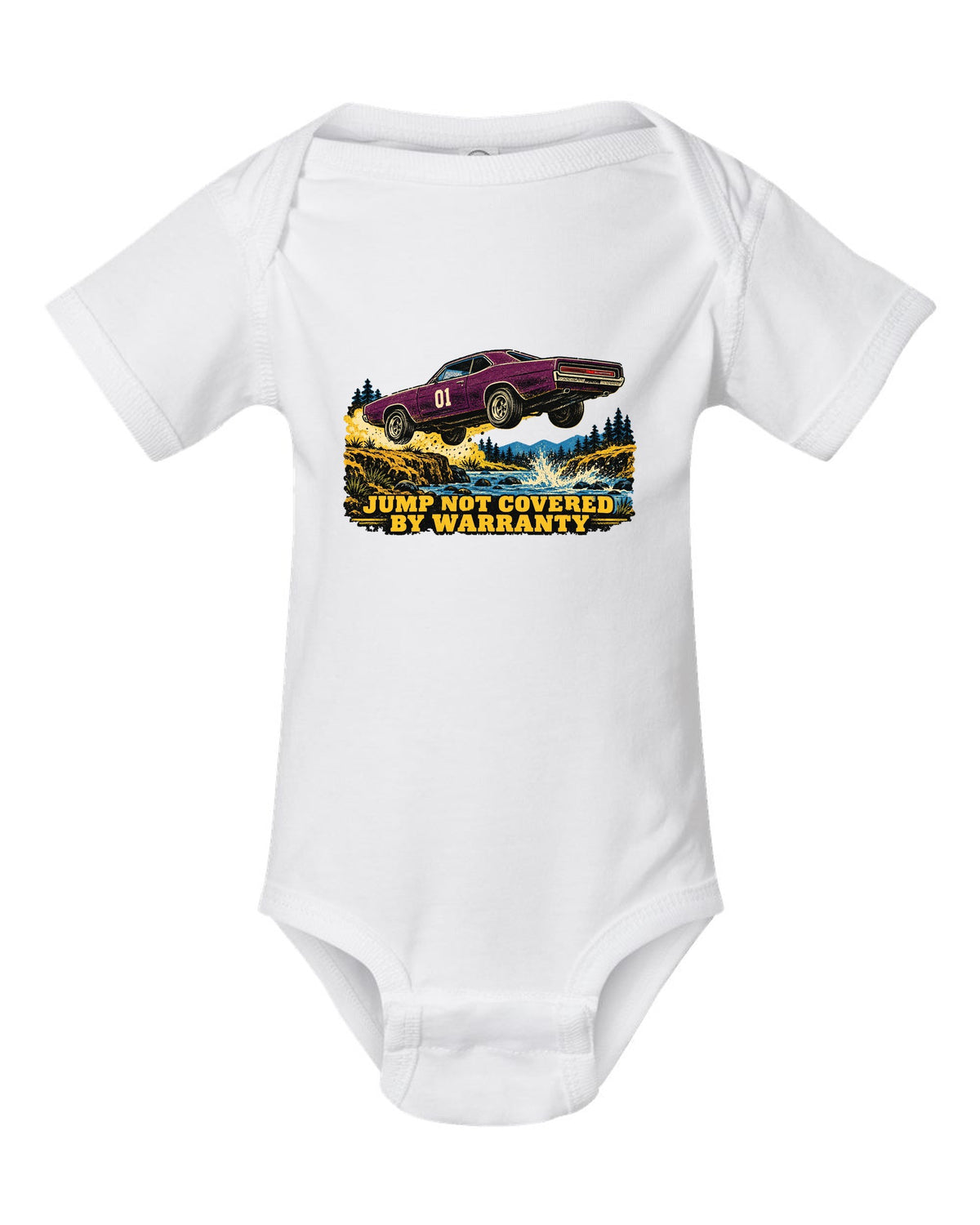 Vintage screen print of an orange 1969 Dodge Charger B-body mid-jump with number 01 on the doors white baby onesie front view with the design