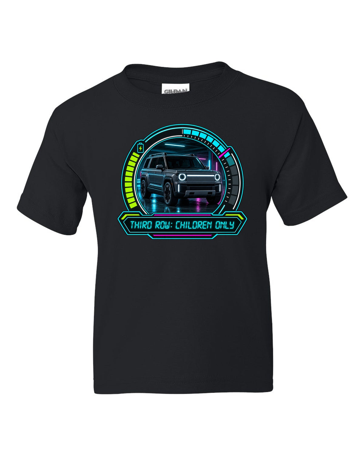 Rivian R1S dashboard gauge cluster HUD print with the text third row children only black kids tee front view with the design