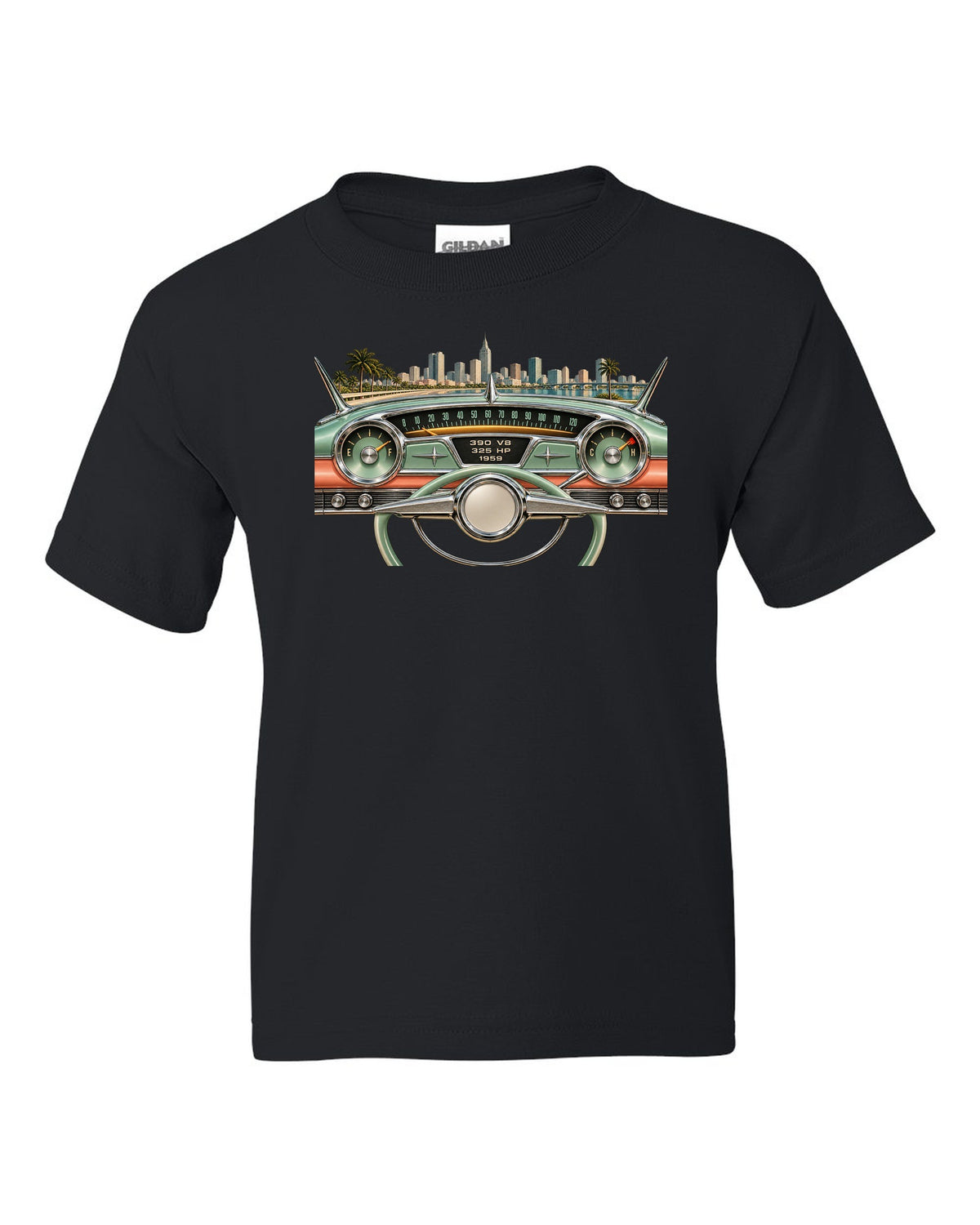 1959 Cadillac Series 62 dashboard instrument cluster HUD graphic with 390 V8 text black kids tee front view with the design