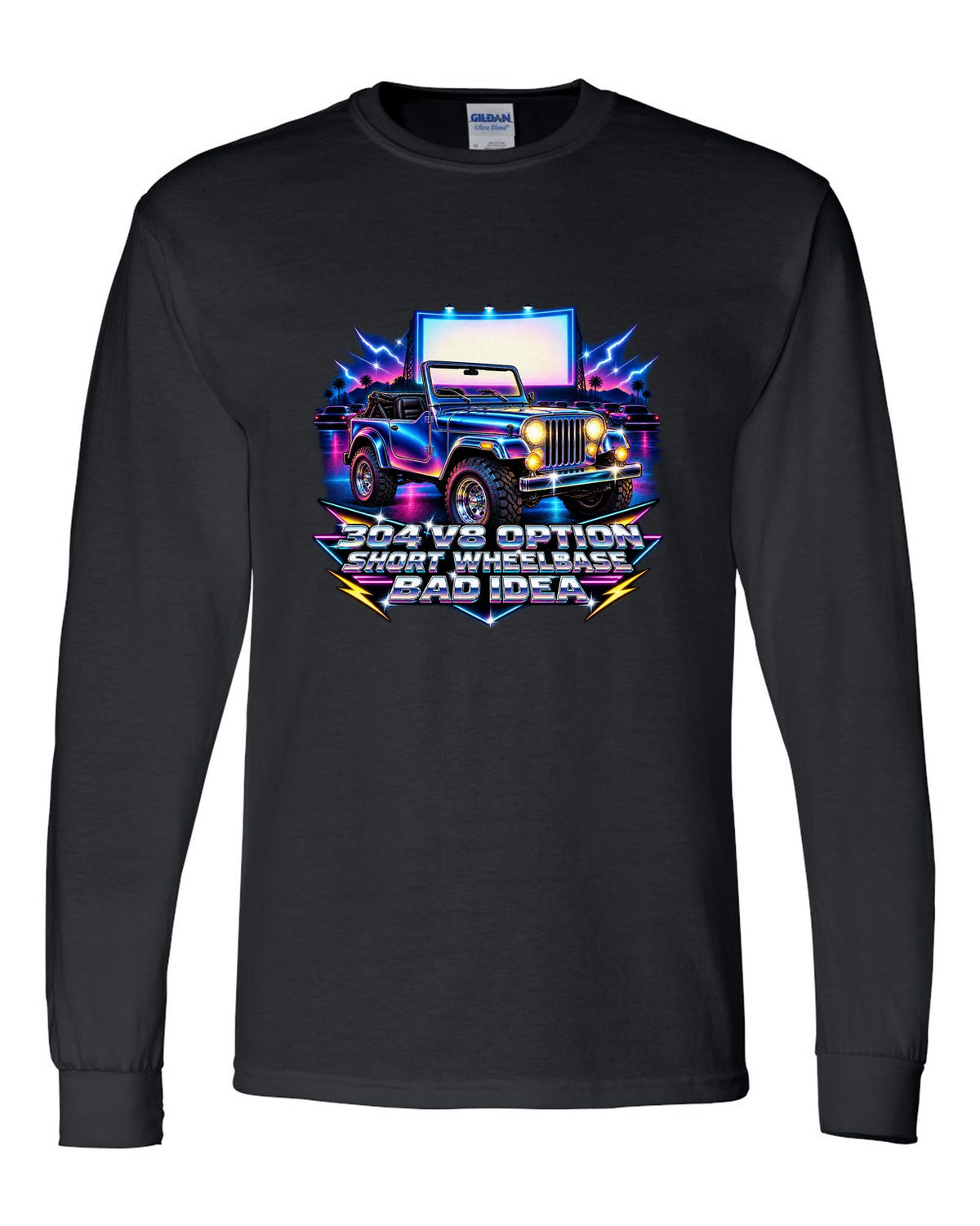80s airbrush chrome print of a Jeep CJ-5 with 304 V8 option text black long sleeve front view with the design