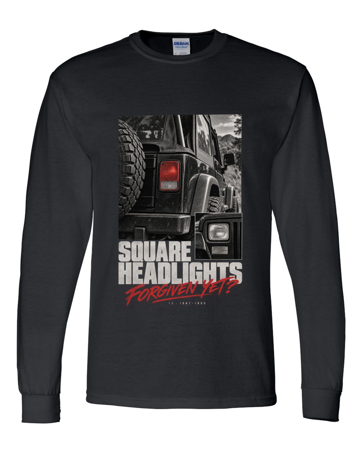 Detail macro print for the Jeep Wrangler YJ square headlights, 1987-1995 black long sleeve front view with the design