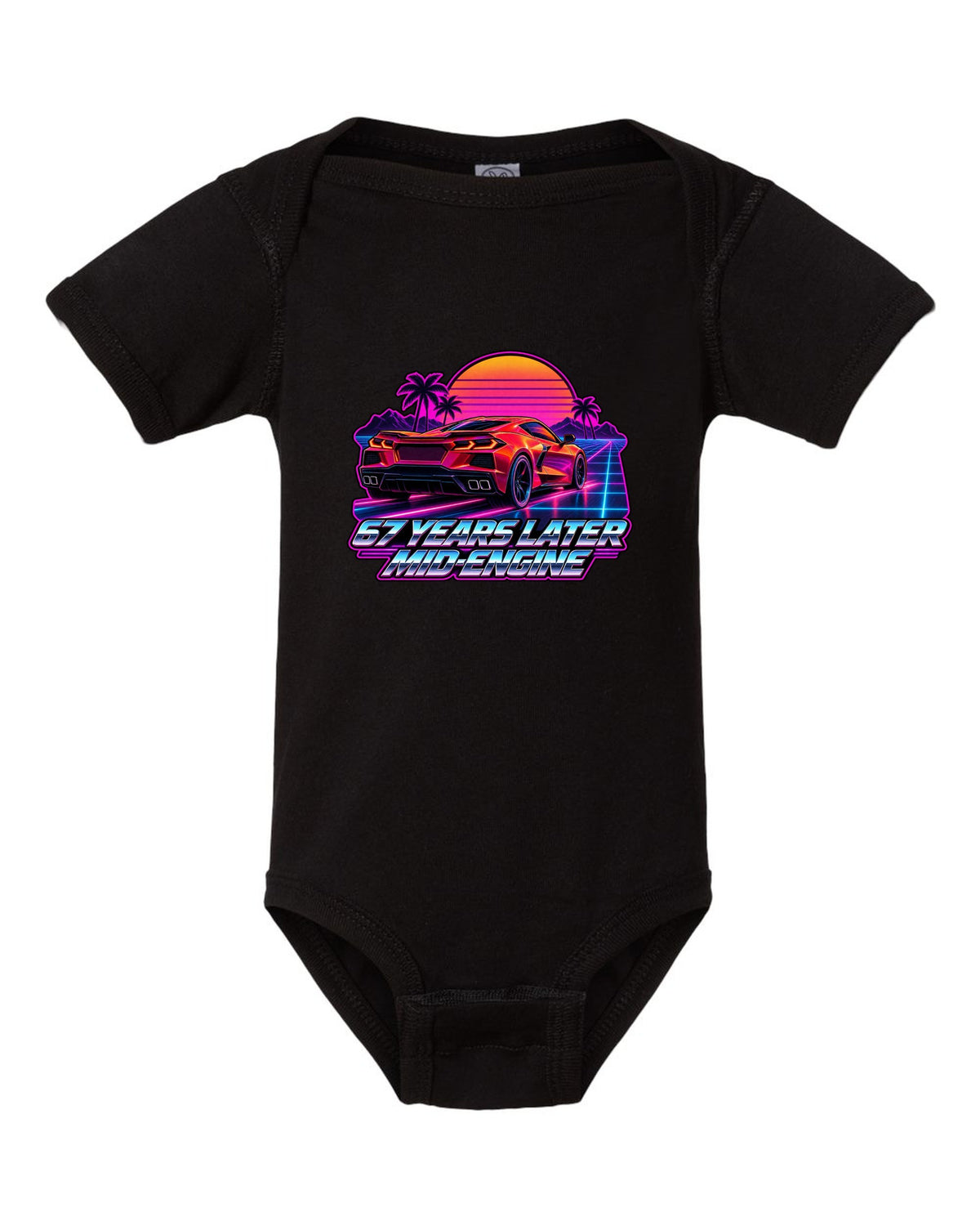 Spec-sheet data plate with overhead view of a 2023 C8 Corvette Z06 black baby onesie front view with the design