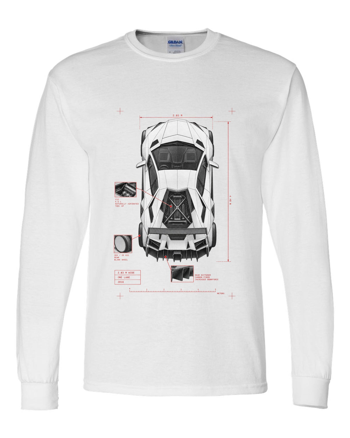 Lamborghini Aventador S LP740-4 spec poster print reading 2.03 M wide, one lane, 2016 white long sleeve front view with the design