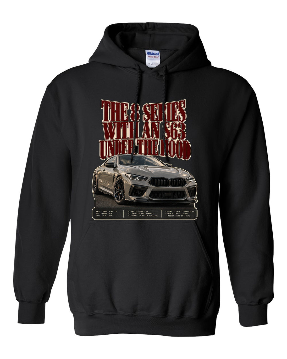 BMW M8 Competition Coupe F92 editorial headline print on a tee black pull over hoodie front view with the design