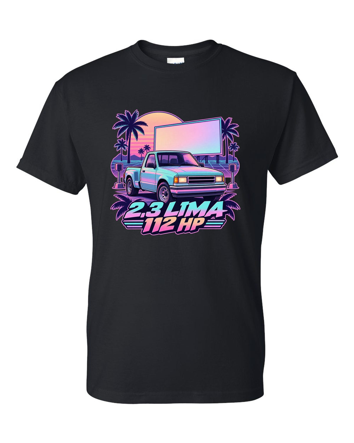 Ford Ranger 1995 stepside at a drive-in in a vaporwave pastel print black t-shirt front view with the design