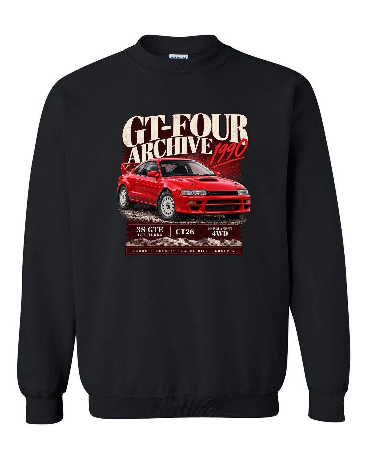 Archive panel print of a Toyota Celica GT-Four ST185 with 3S-GTE, CT26 and Group A text black crewneck front view with the design