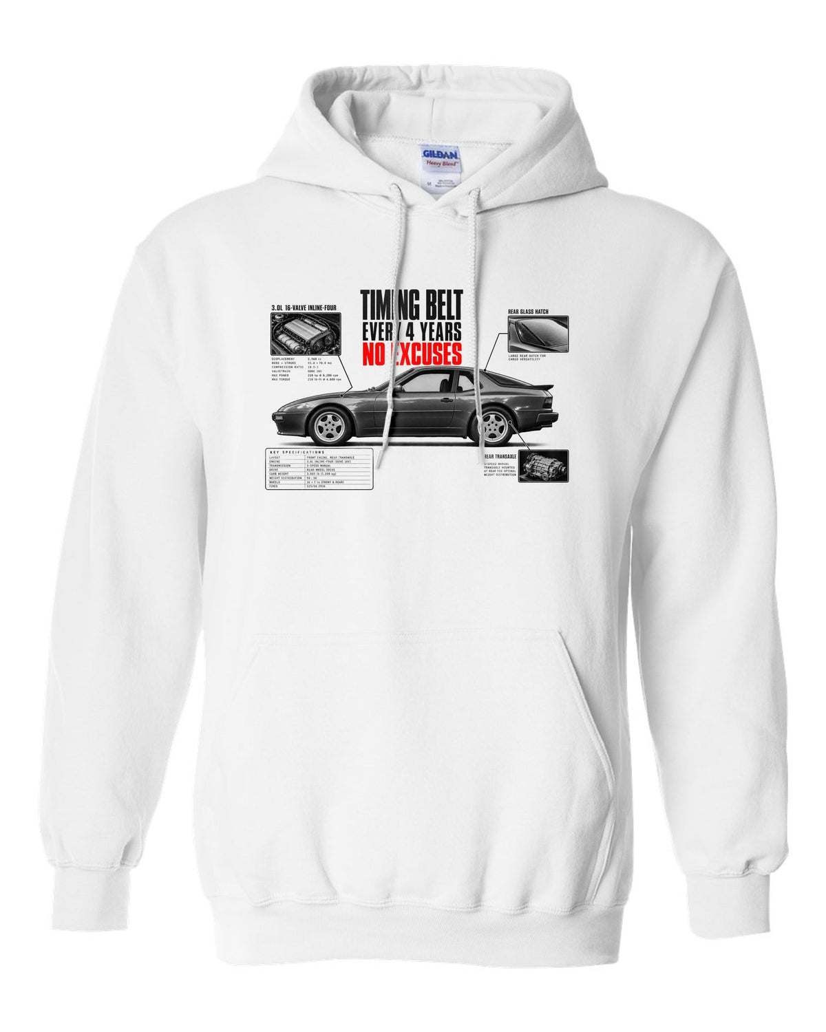 Spec poster print for a Porsche 944 S2 with a timing belt every 4 years caption white pull over hoodie front view with the design