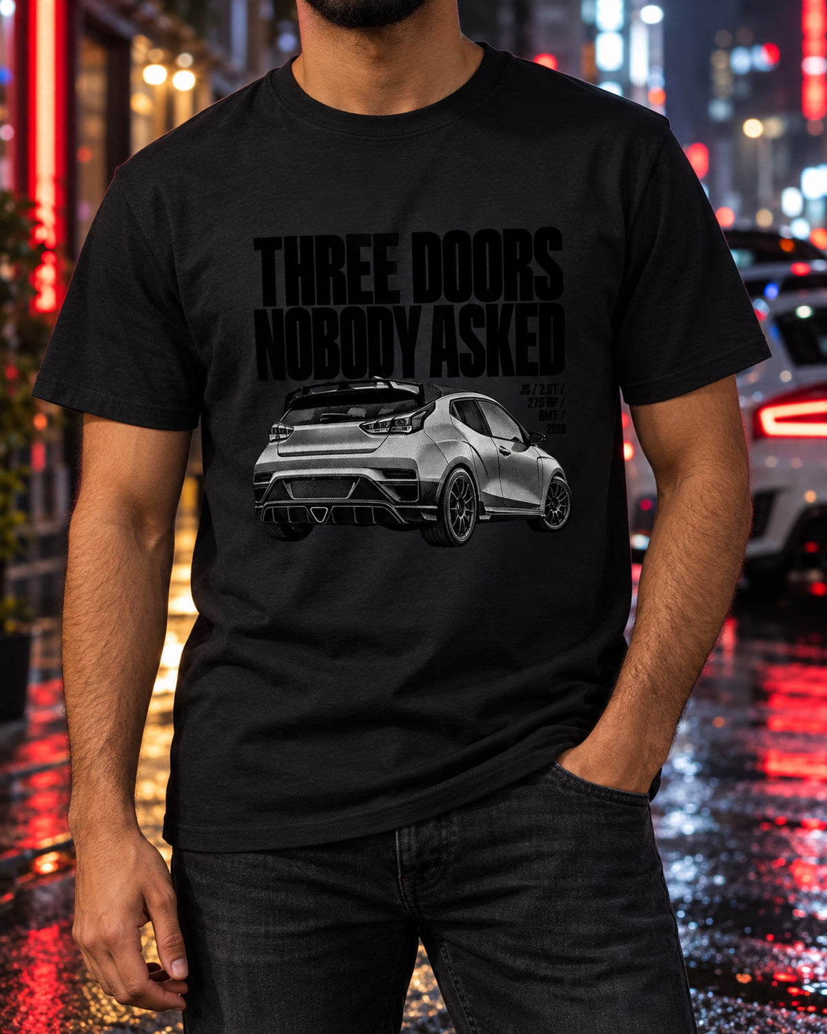 Veloster N JS Halftone Tee, Three Doors Nobody Asked For T-Shirt Black worn hero