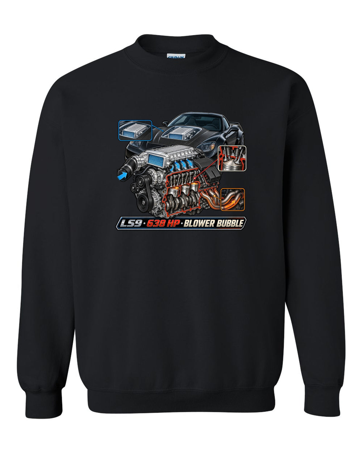 Cutaway engine print of the LS9 supercharger in a 2009 Chevrolet Corvette C6 ZR1 with 638 HP text black crewneck front view with the design