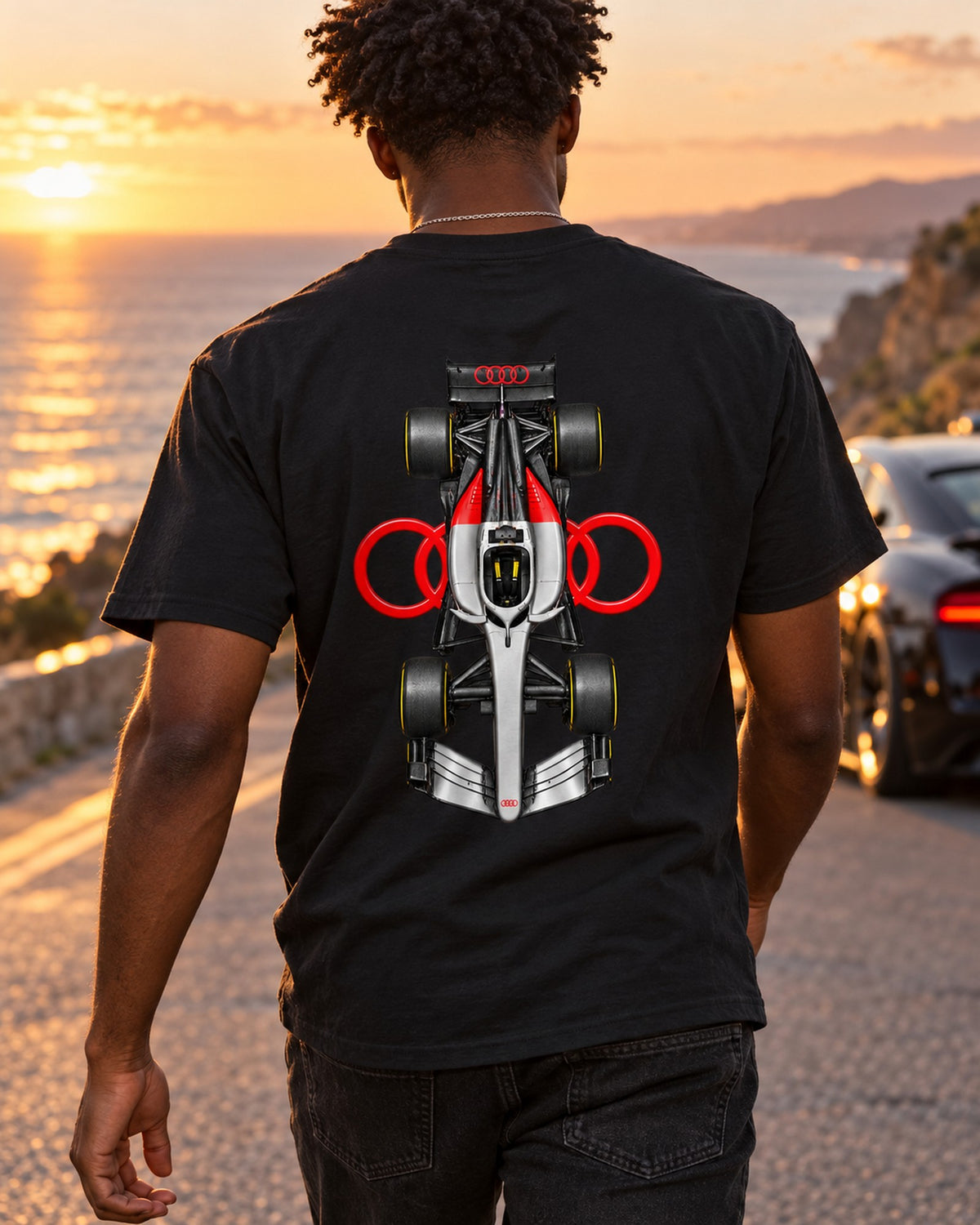 Audi R26 2026 F1 Overhead Poster Shirt, Formula 1 Tee, Design 03 T-Shirt Black worn hero