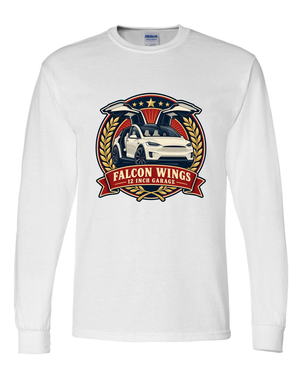 Vintage badge illustration print of a Tesla Model X with falcon wing doors reading Falcon Wings 12 Inch Garage white long sleeve front view with the design