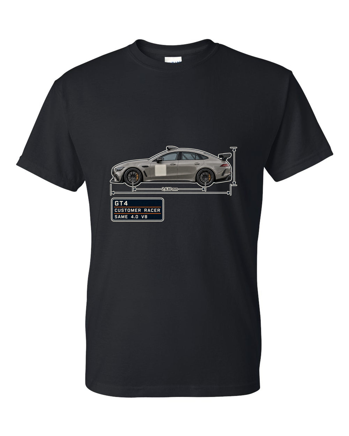 Mercedes-AMG GT4 unliveried spec poster print black t-shirt front view with the design
