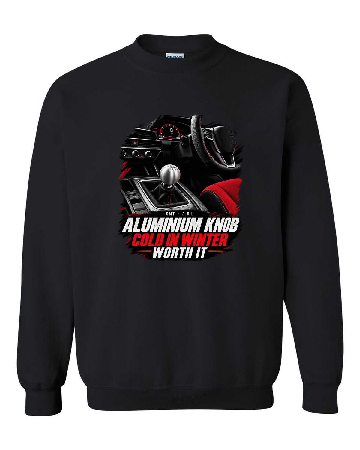 Honda Civic FL5 cockpit gauge design with aluminium shift knob text black crewneck front view with the design