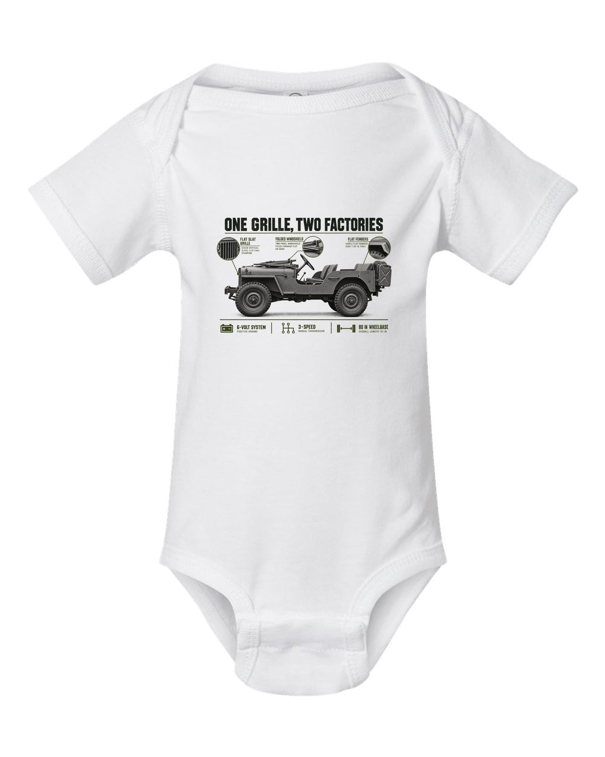 Spec poster print for the Willys MB and Ford GPW, 1941-1945 white baby onesie front view with the design