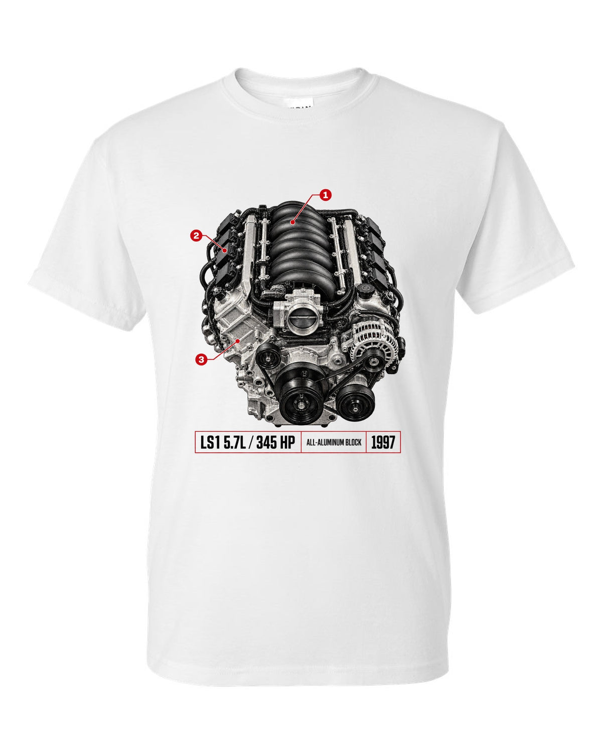 Corvette C5 coupe with LS1 5.7L engine poster print white t-shirt front view with the design