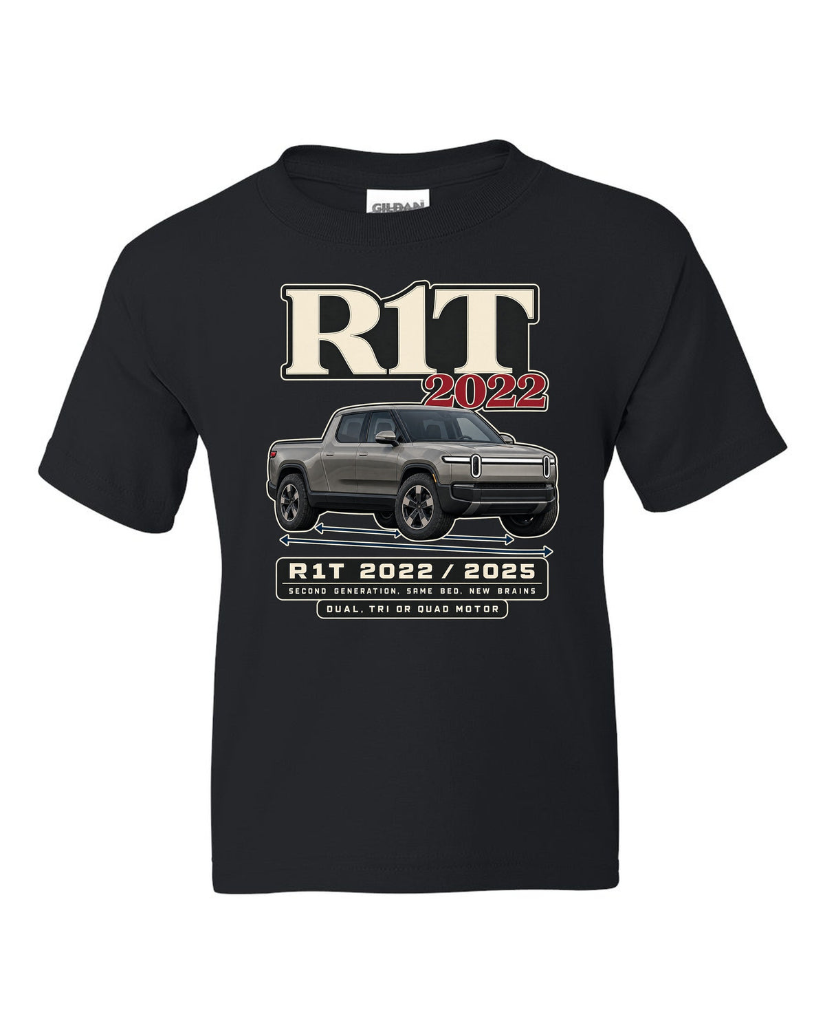Archive panel print of a Rivian R1T Gen 2 with 2022 and 2025 model years black kids tee front view with the design