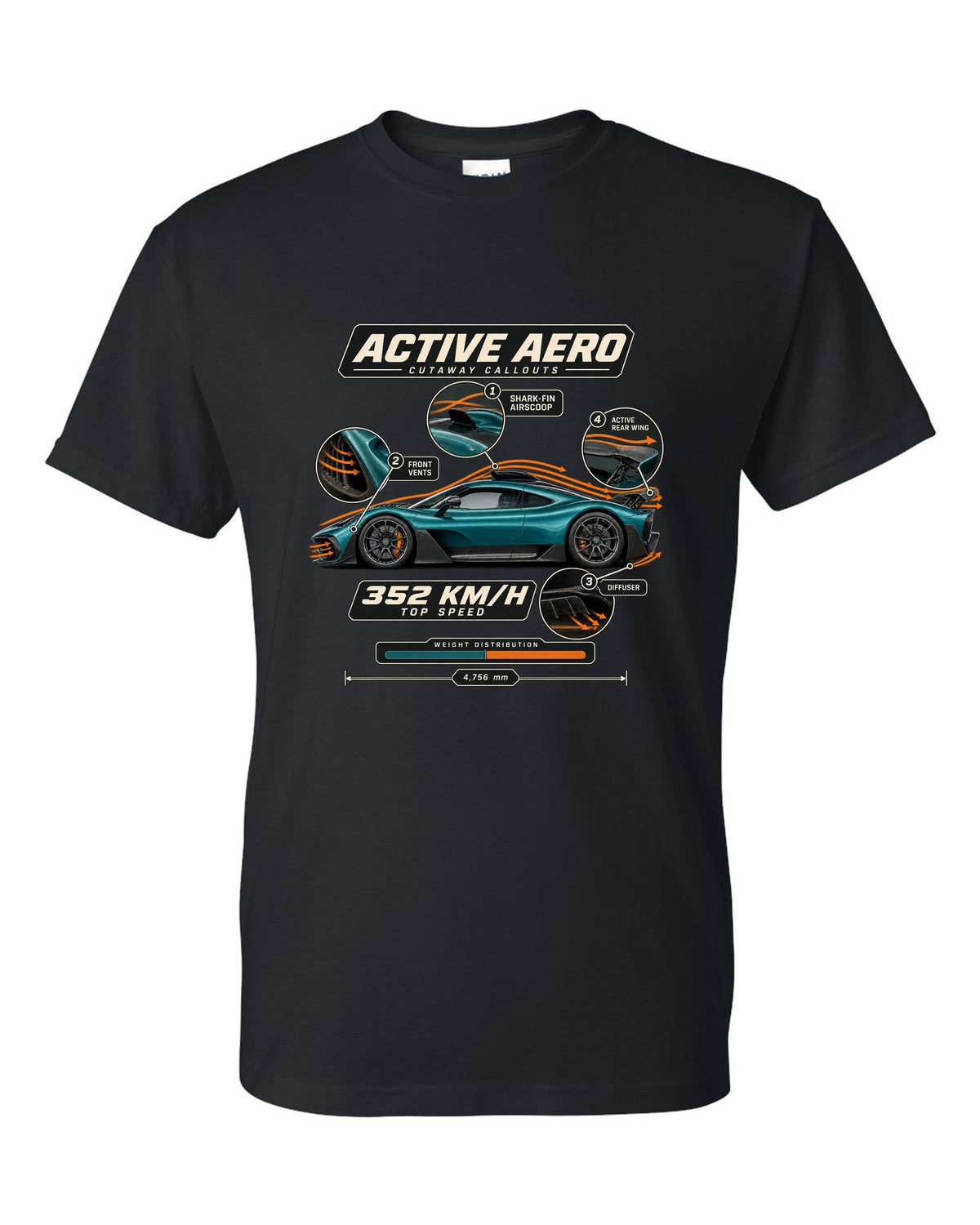 Mercedes-AMG One aero callout cutaway diagram with active aero labels black t-shirt front view with the design