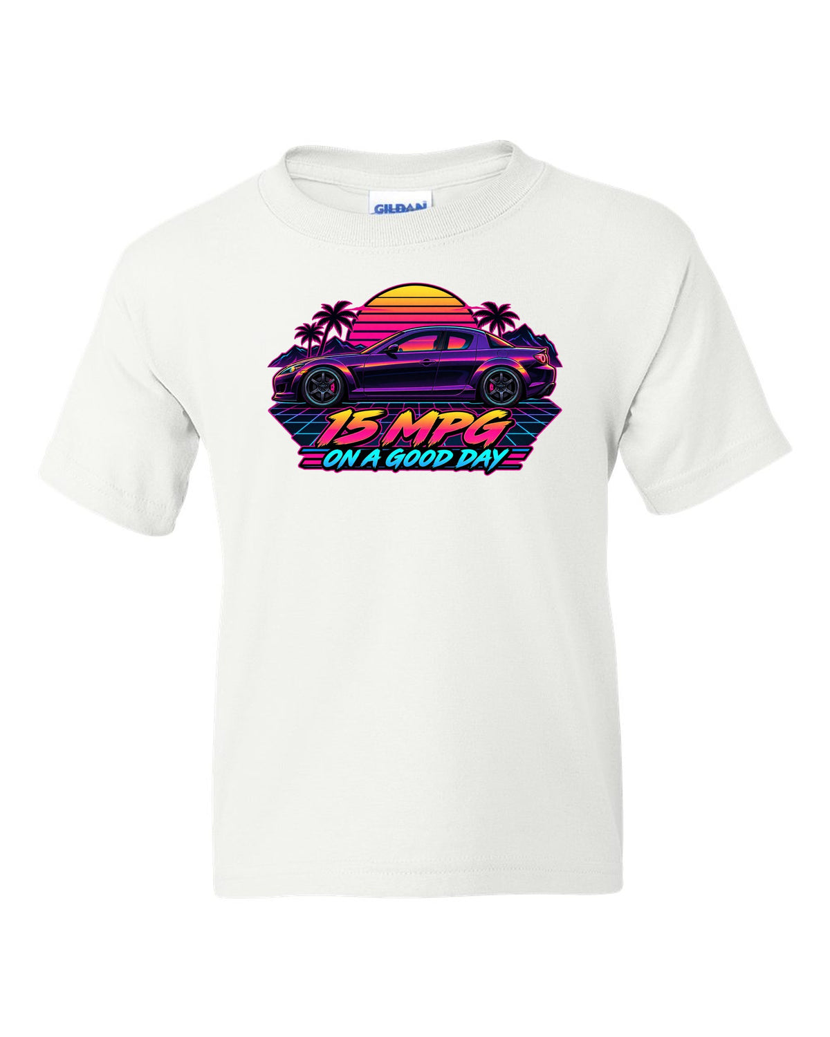 Sticker-bomb collage design for the Mazda RX-8 SE3P with CHECK OIL EVERY FILL-UP lettering white kids tee front view with the design
