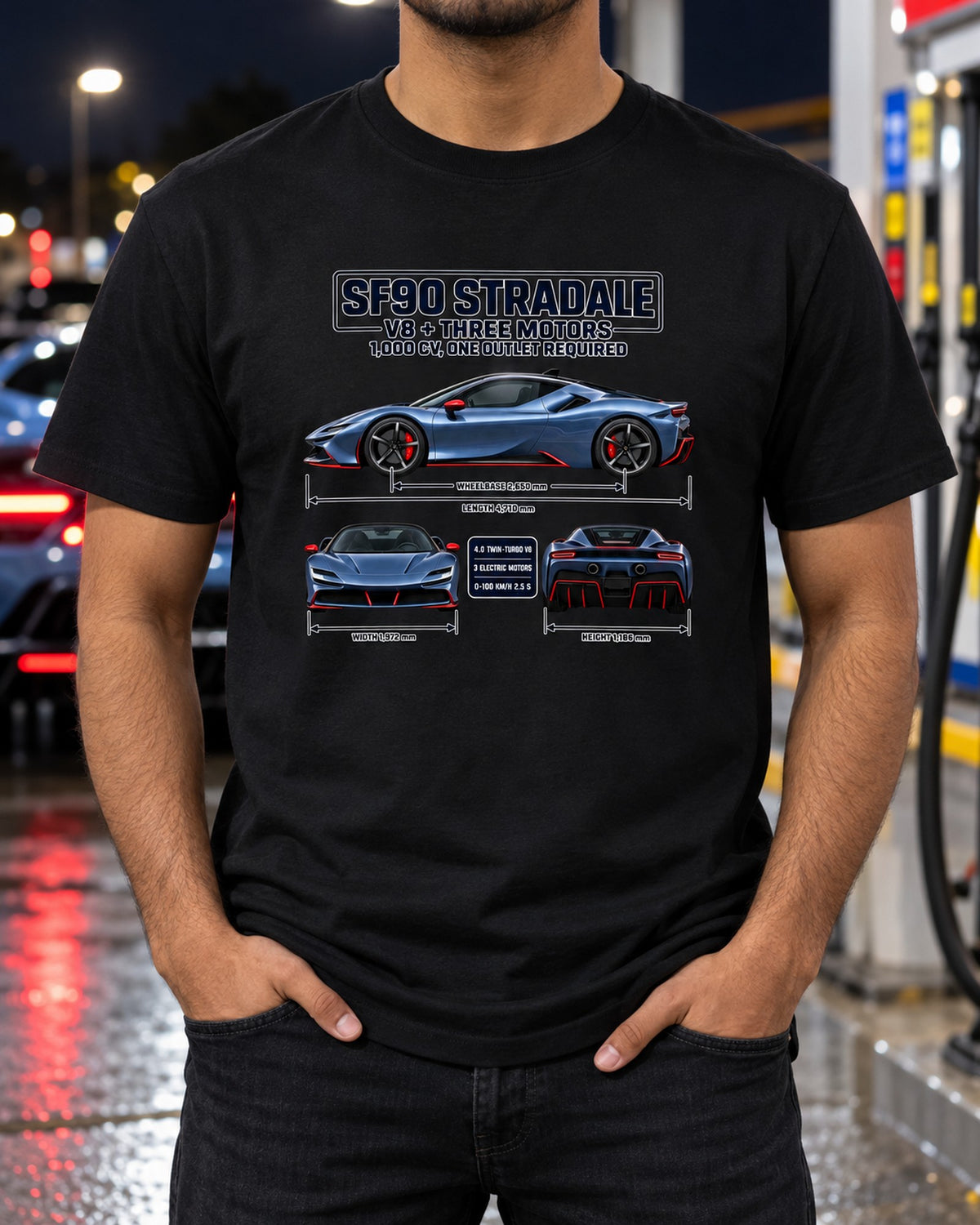 Ferrari SF90 Stradale Three-View Spec Sheet Tee T-Shirt Black worn hero